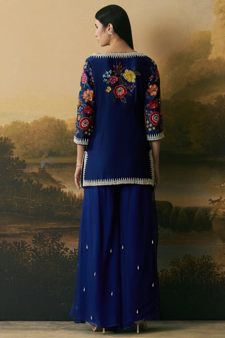 Cobalt Blue Floral Bloom Short Kurta With Sharara