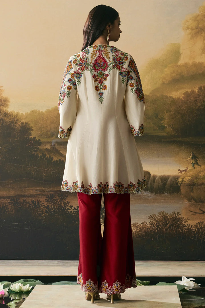 Ivory Contrast Paisley Flared Short Kurta With Bell Bottom Pants