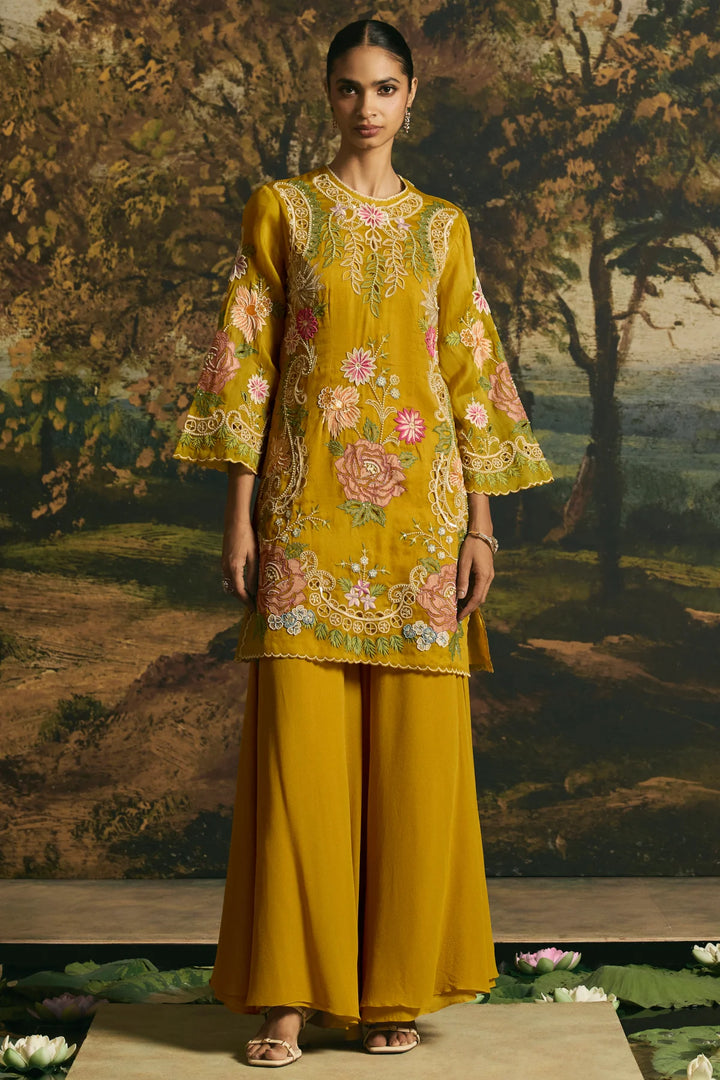 Amber Yellow Floral Medley Short Kurta With Sharara