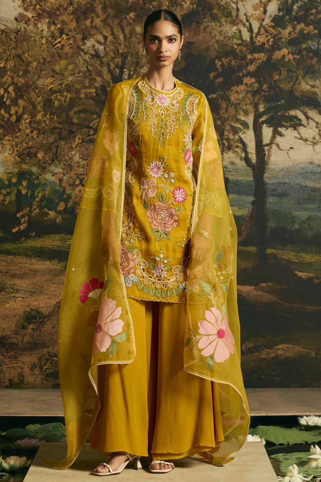 Amber Yellow Floral Applique Dupatta