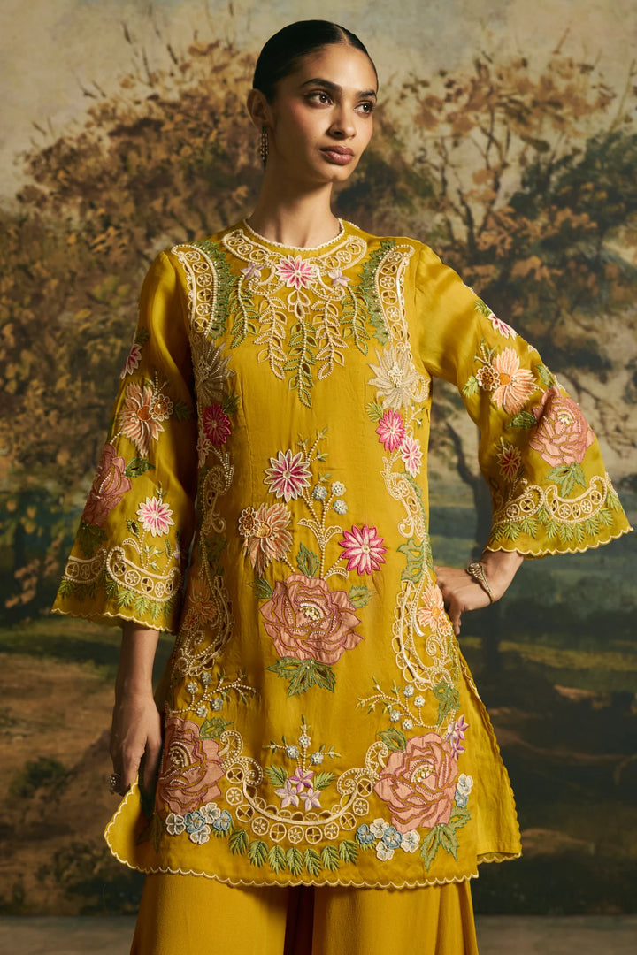 Amber Yellow Floral Medley Short Kurta With Sharara