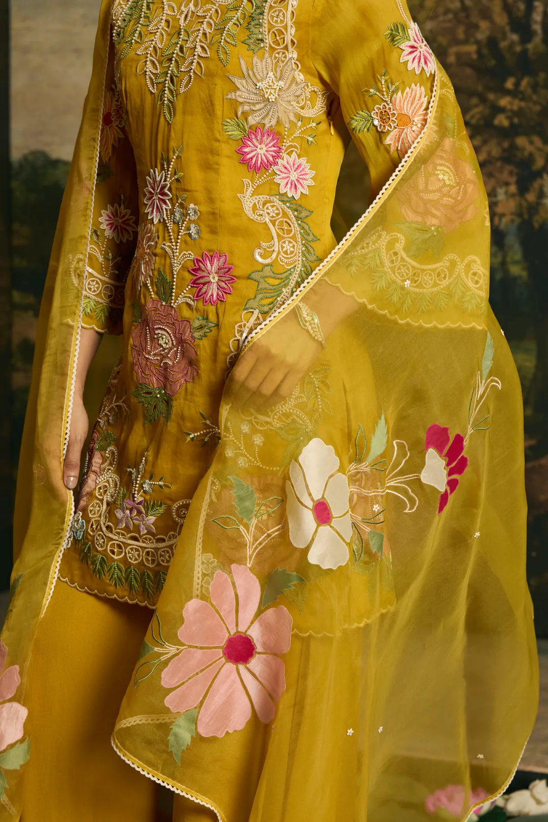 Amber Yellow Floral Applique Dupatta