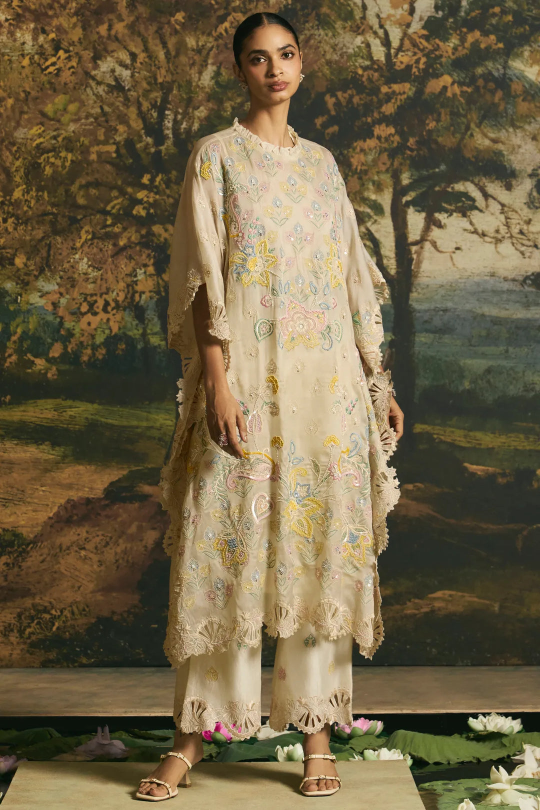 Ivory Cutwork Floral Straight Pants