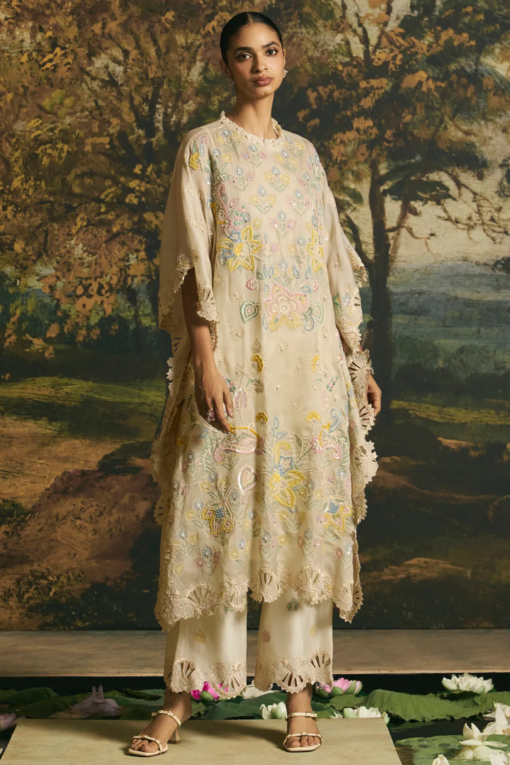 Ivory Cutwork Floral Straight Pants