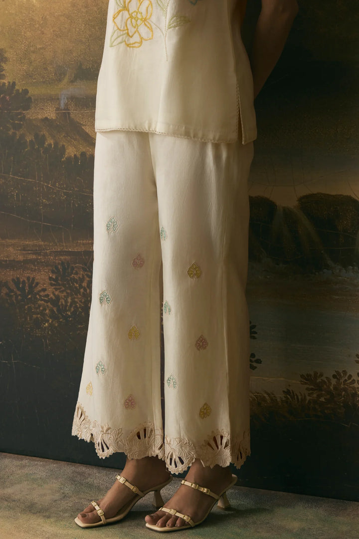 Ivory Cutwork Floral Straight Pants
