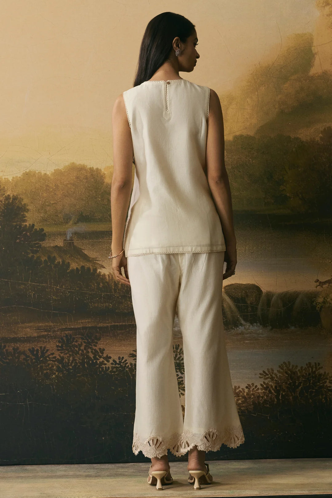 Ivory Cutwork Floral Straight Pants