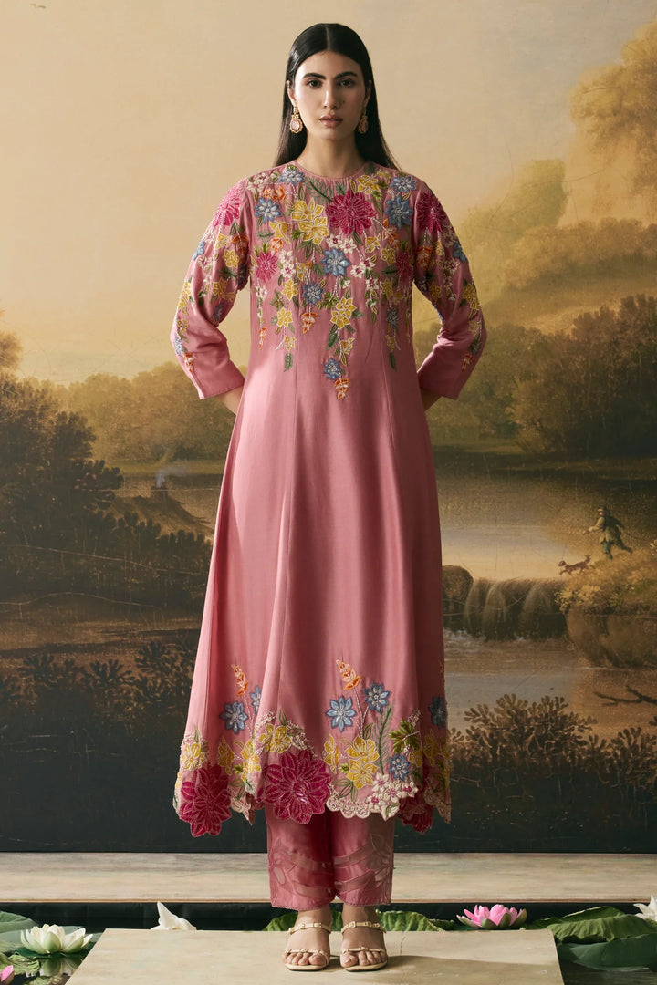 Pink Floral Medley Flared Kurta With Narrow Pants