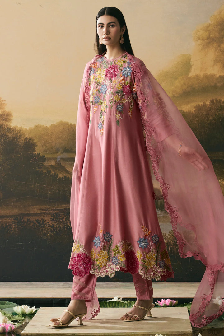 Pink Floral Medley Flared Kurta With Narrow Pants