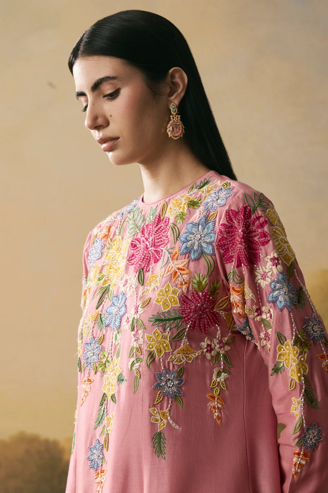 Pink Floral Medley Flared Kurta With Narrow Pants
