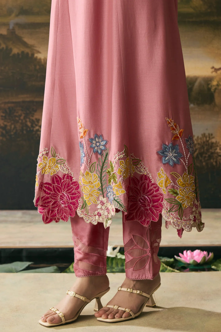 Pink Floral Medley Flared Kurta With Narrow Pants