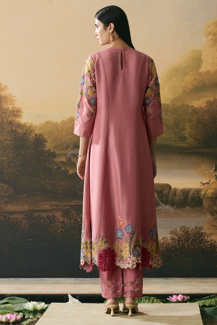 Pink Floral Medley Flared Kurta With Narrow Pants