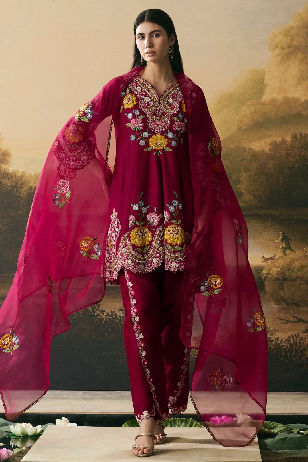 Cherry Red Contrast Cordwork Flared Short Kurta With Tulip Pants