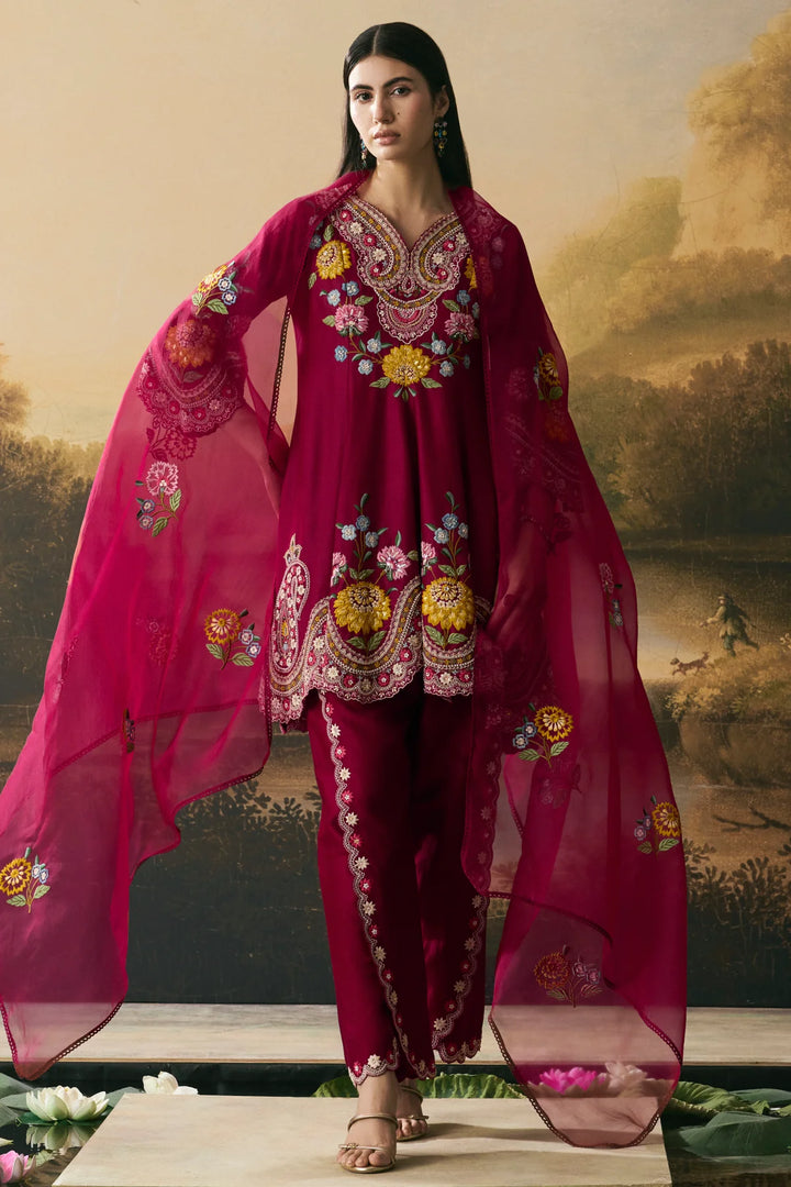Cherry Red Contrast Cordwork Flared Short Kurta With Tulip Pants