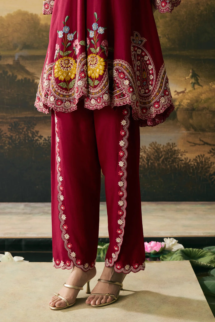 Cherry Red Contrast Cordwork Flared Short Kurta With Tulip Pants