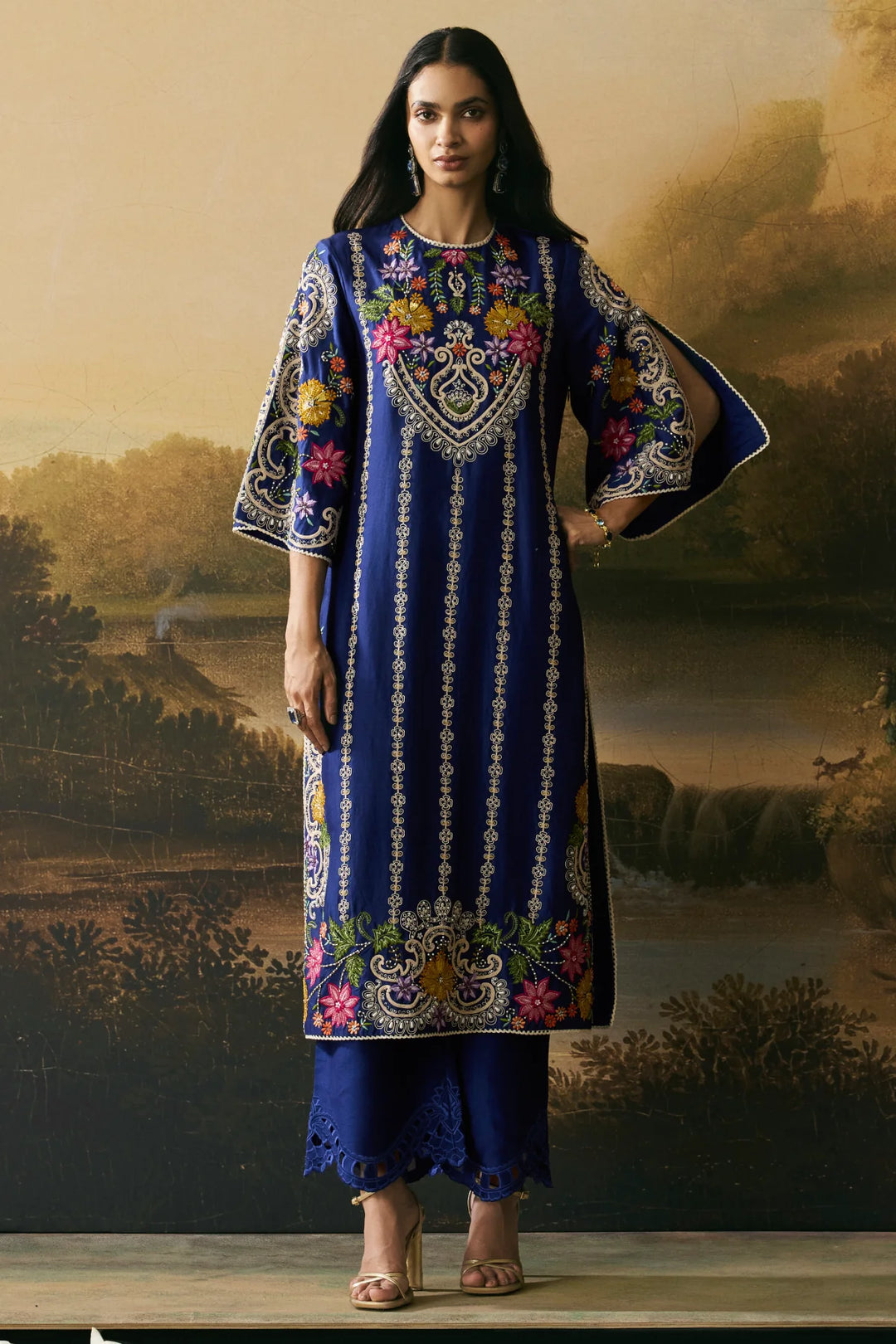 Cobalt Blue Multicoloured Floral Kurta With Pants