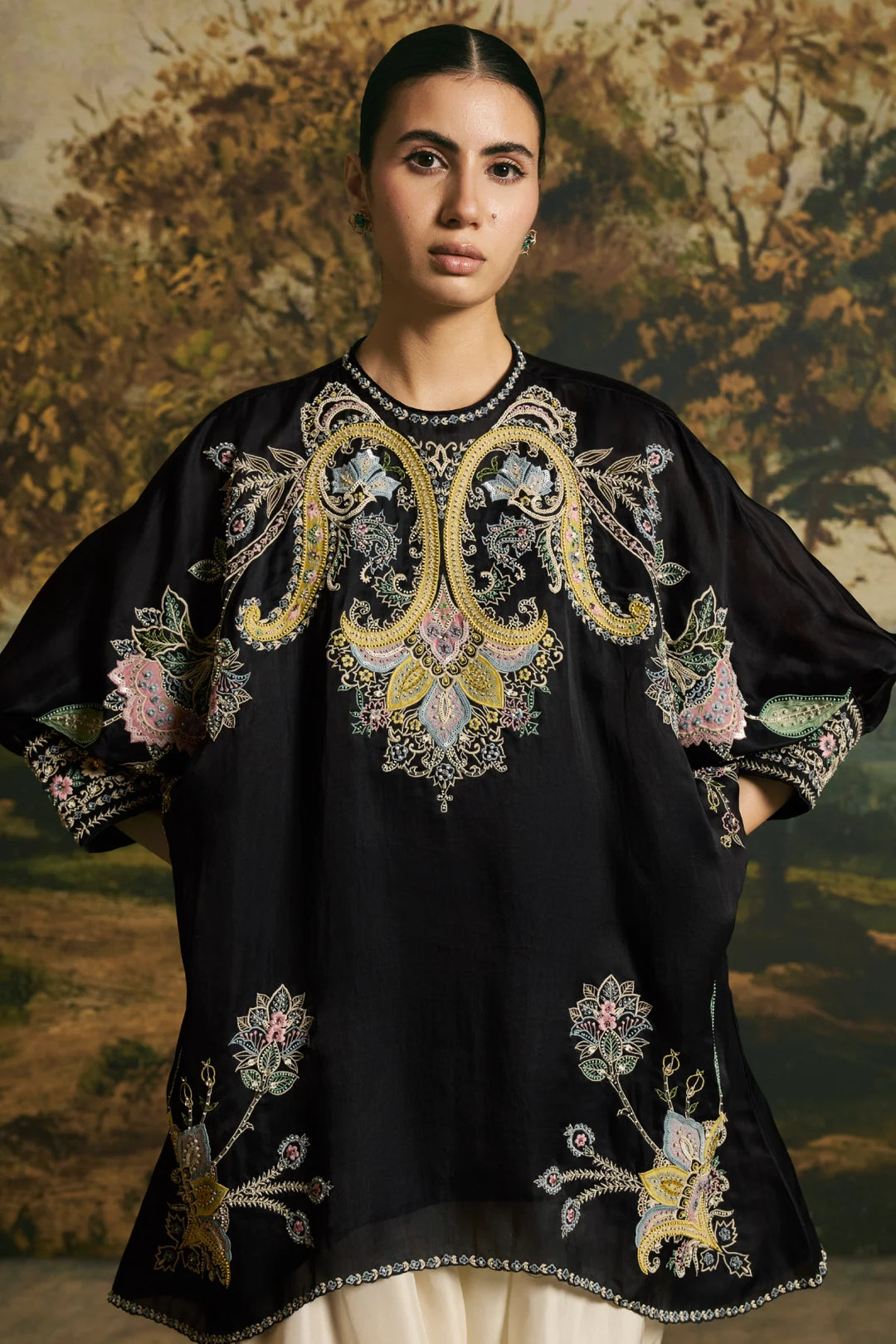 Black Contrast Paisley Detail Tunic With Harem Pants