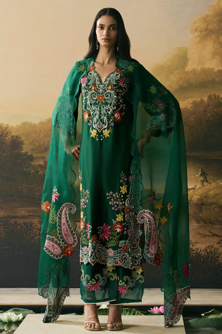 Emerald Green Contrast Floral Cordwork Kurta With Pants
