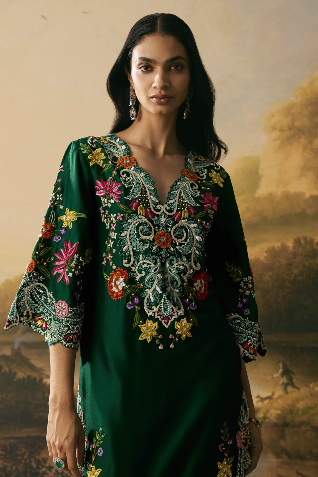 Emerald Green Contrast Floral Cordwork Kurta With Pants