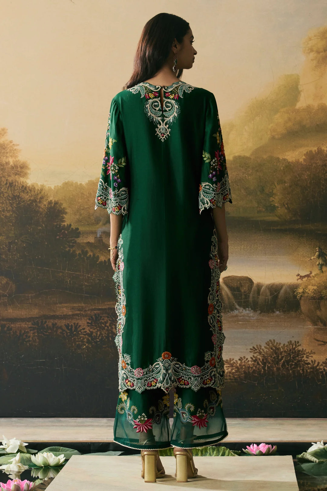 Emerald Green Contrast Floral Cordwork Kurta With Pants