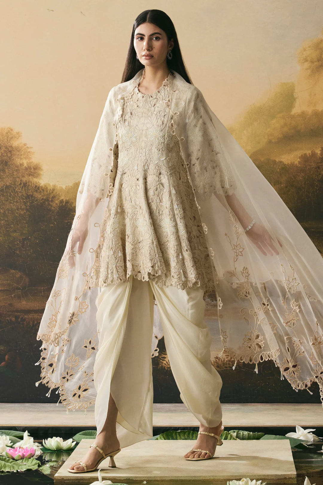 Ivory Cutwork Short Flared Kurta With Cowl Tulip Pants