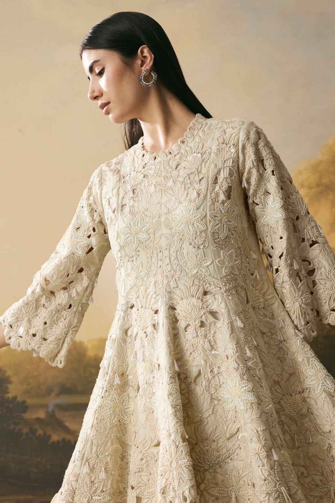 Ivory Cutwork Short Flared Kurta With Cowl Tulip Pants