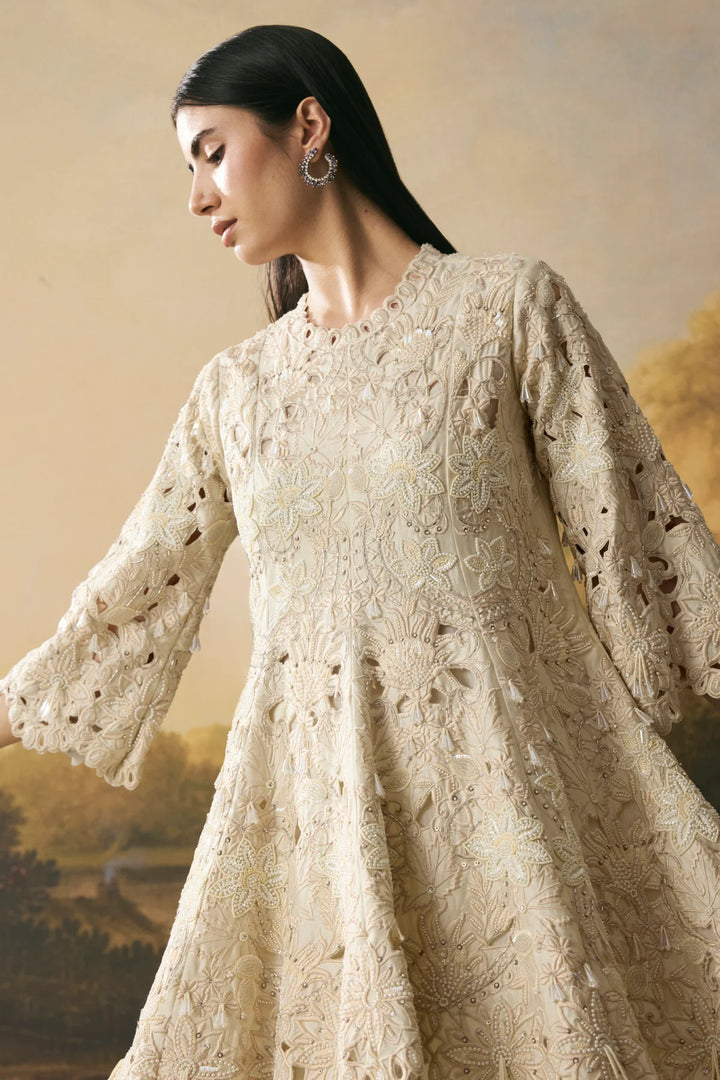 Ivory Cutwork Short Flared Kurta With Cowl Tulip Pants
