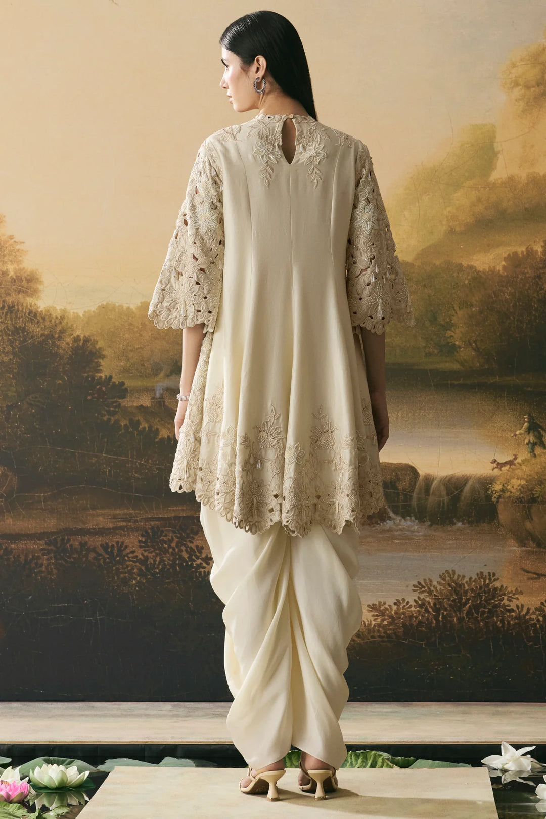 Ivory Cutwork Short Flared Kurta With Cowl Tulip Pants