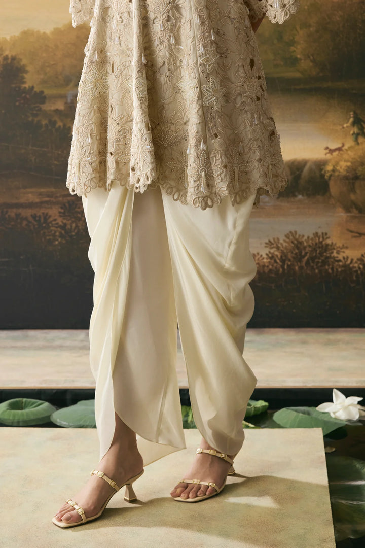 Ivory Cutwork Short Flared Kurta With Cowl Tulip Pants
