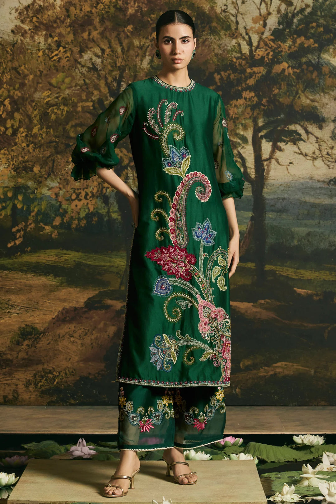 Emerald Green Paisley Detail Kurta With Pants