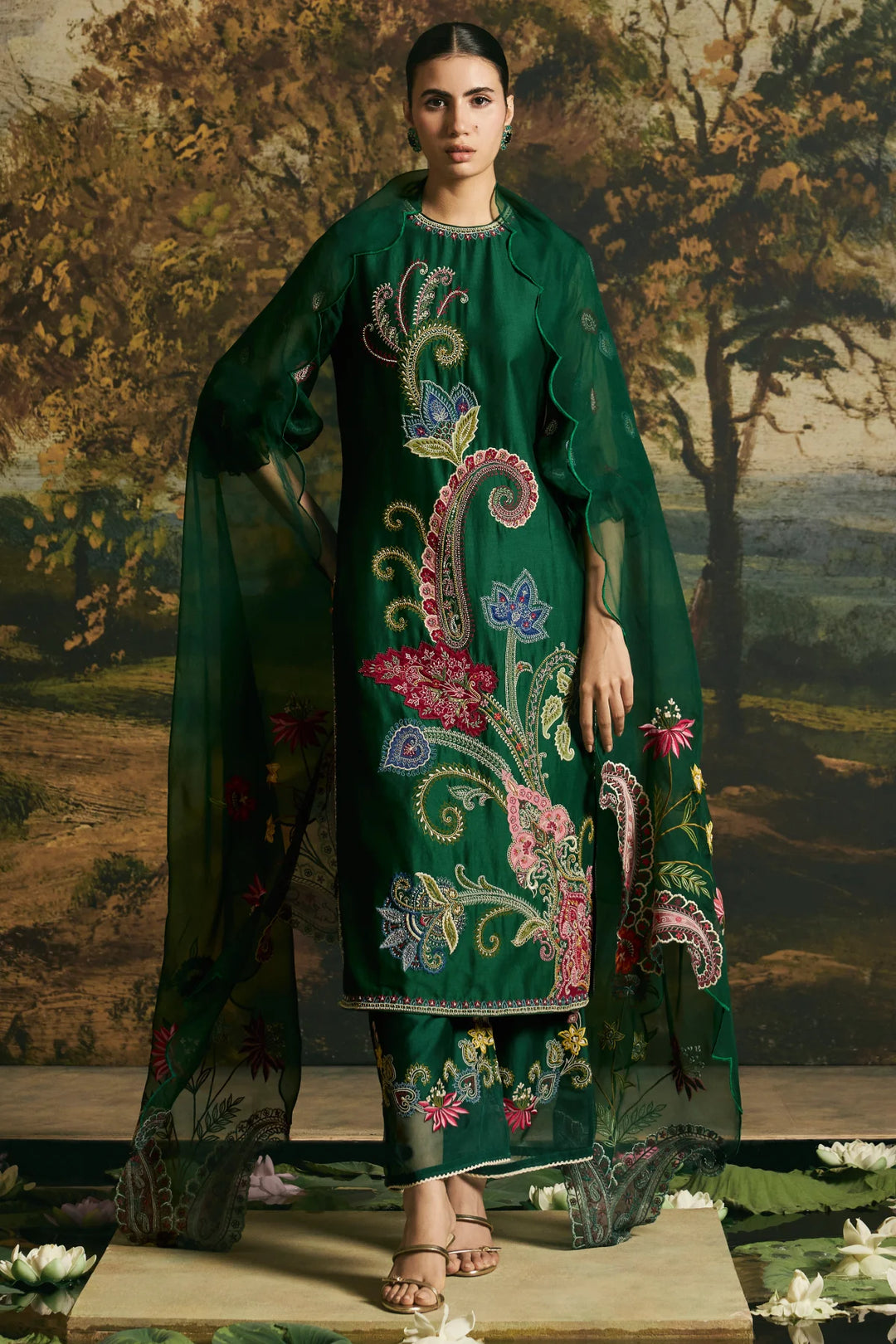 Emerald Green Paisley Detail Kurta With Pants
