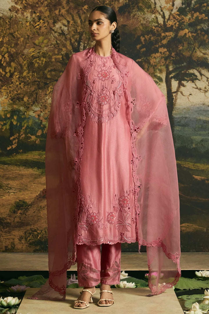 Pink Cutwork and Beadwork Kurta With Narrow Pants