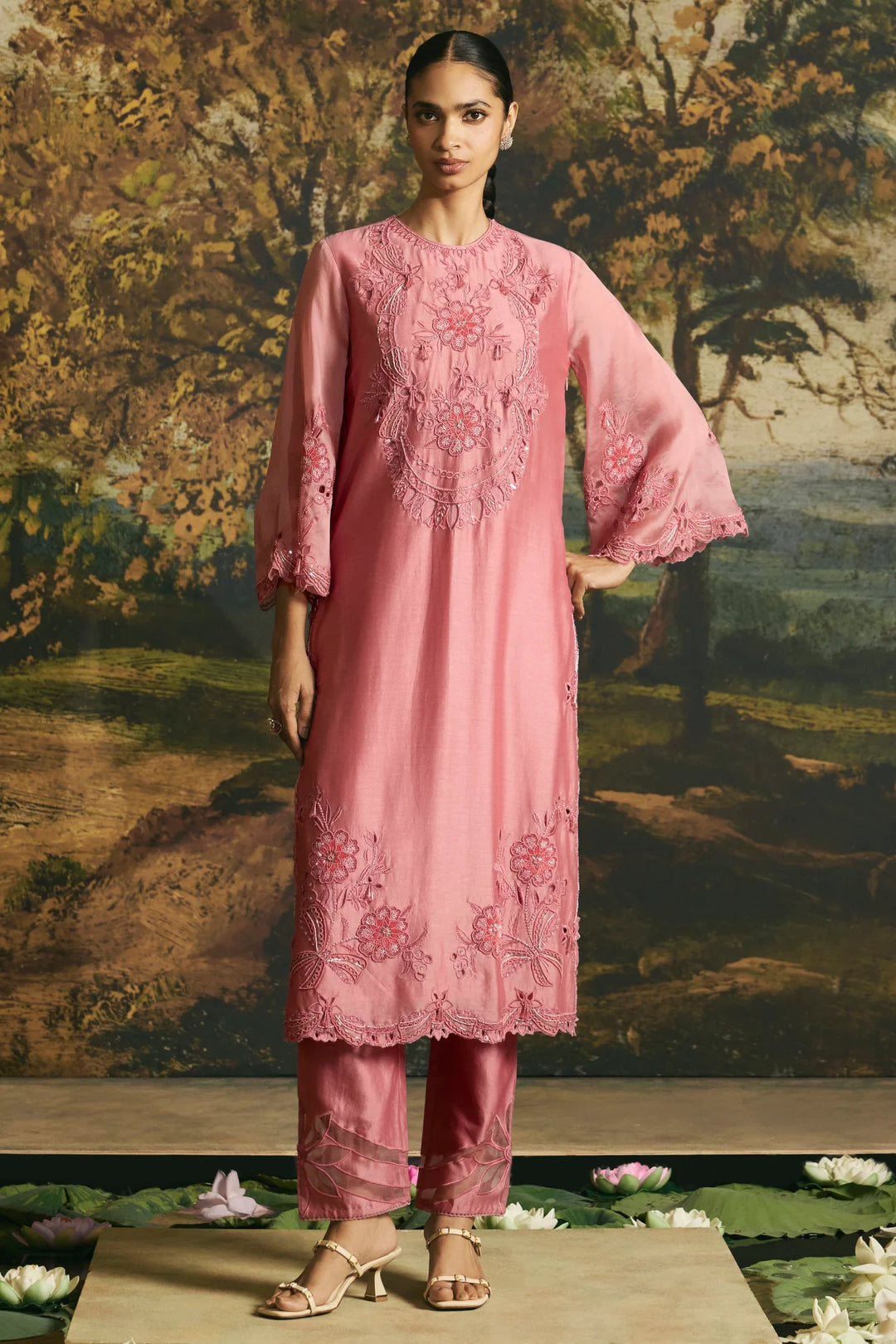 Pink Cutwork and Beadwork Kurta With Narrow Pants