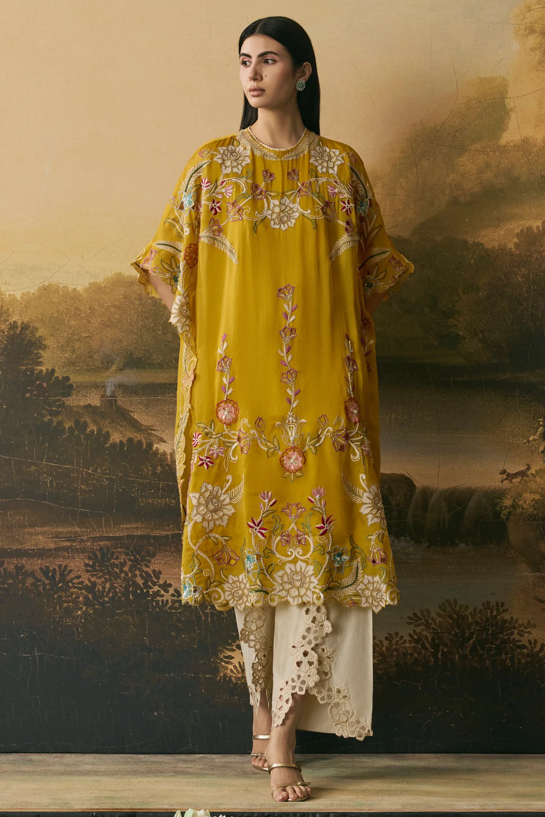 Amber Yellow Contrast Florals Kaftan