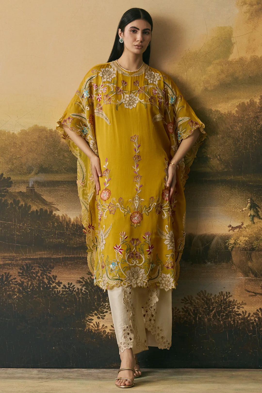 Amber Yellow Contrast Florals Kaftan