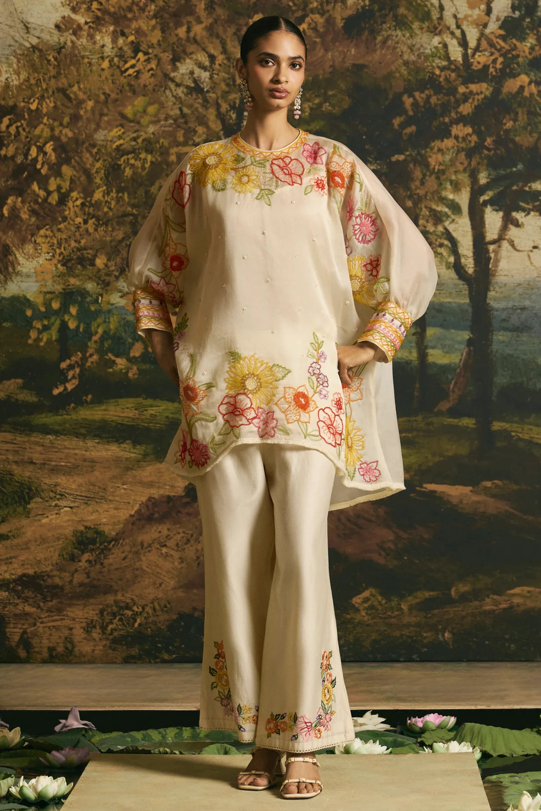 Ivory Floral Blossom Tunic With Cutwork Pants