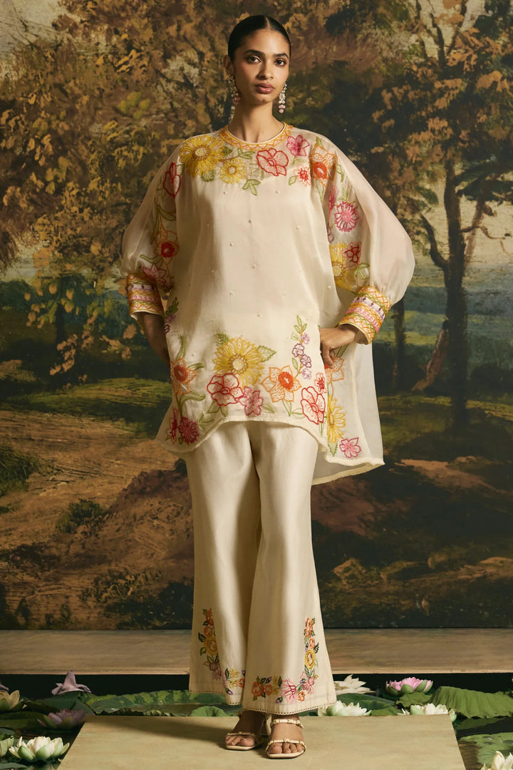 Ivory Floral Blossom Tunic With Cutwork Pants