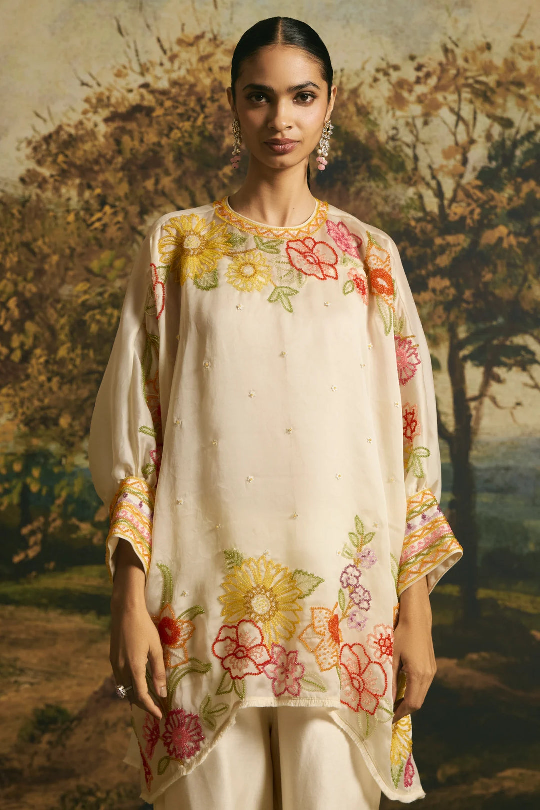 Ivory Floral Blossom Tunic With Cutwork Pants
