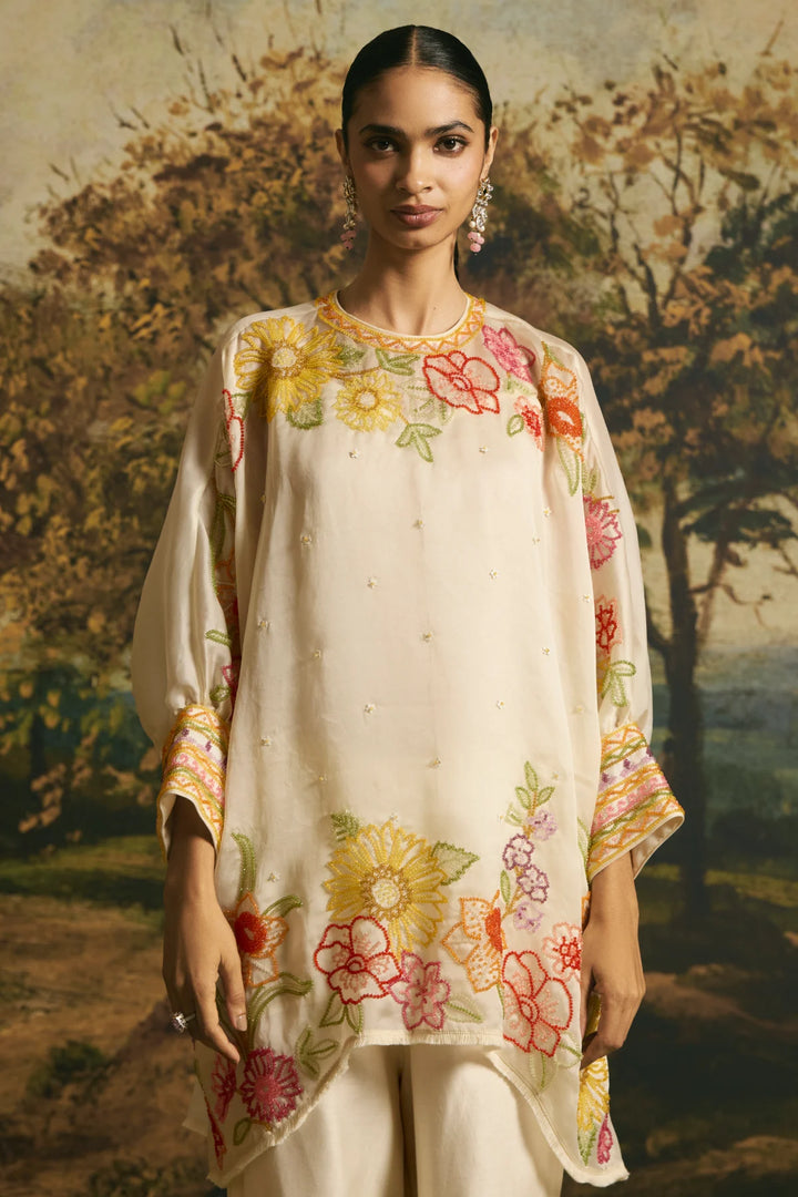 Ivory Floral Blossom Tunic With Cutwork Pants