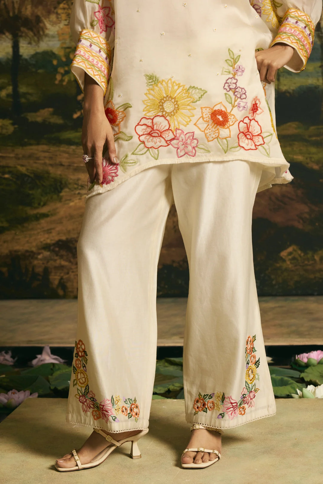 Ivory Floral Blossom Tunic With Cutwork Pants