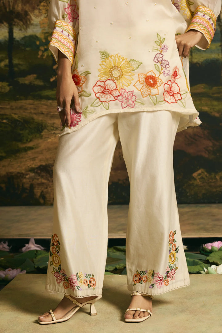 Ivory Floral Blossom Tunic With Cutwork Pants