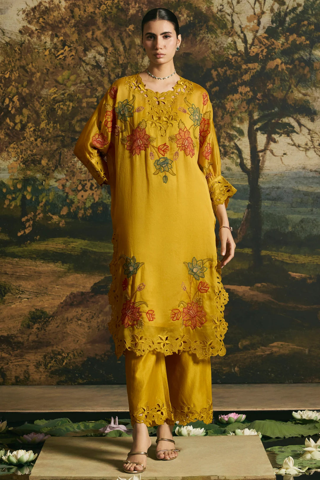 Amber Yellow Blossom Kimono Kurta With Pants