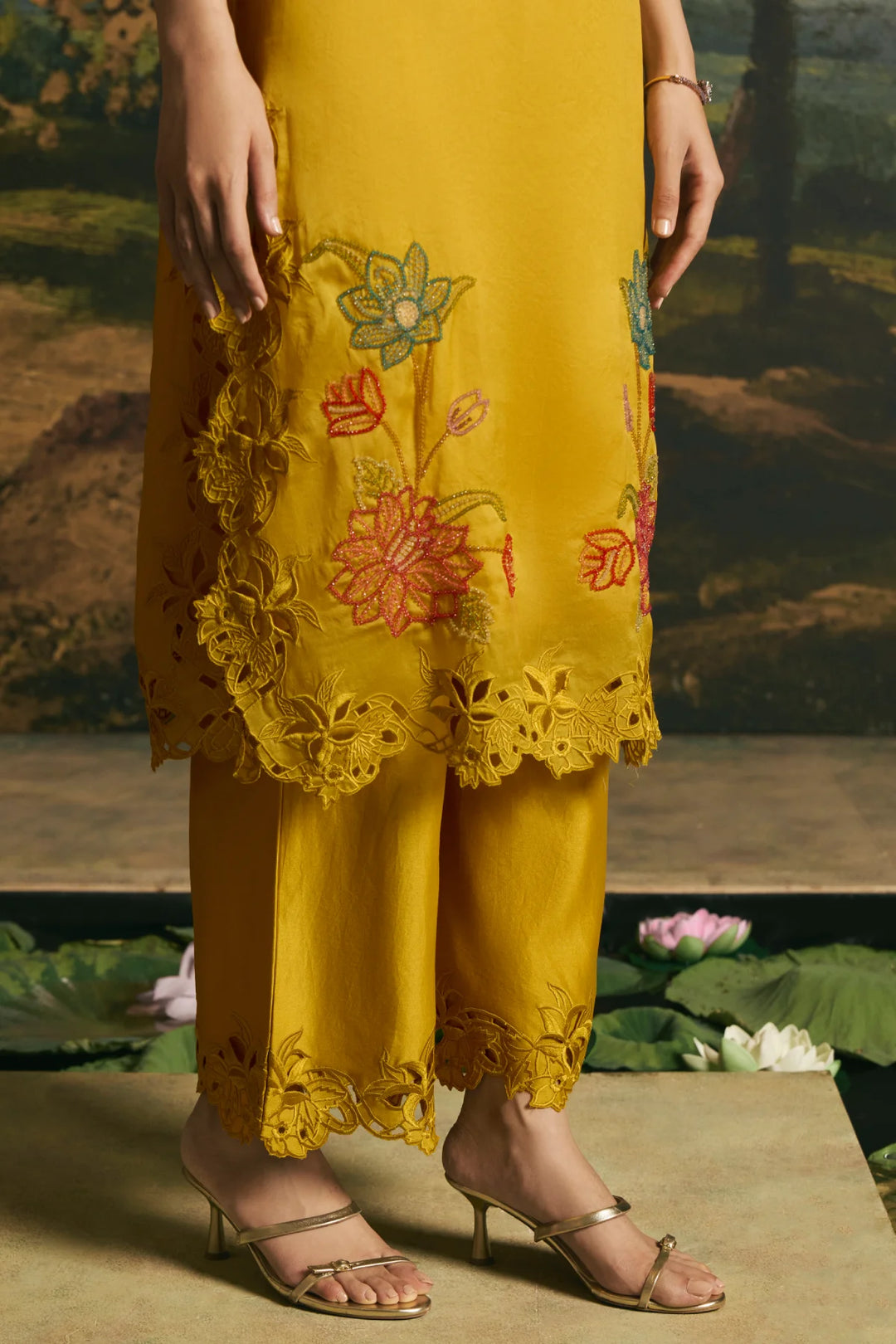 Amber Yellow Blossom Kimono Kurta With Pants