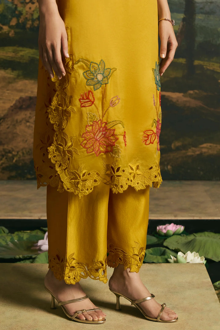 Amber Yellow Blossom Kimono Kurta With Pants