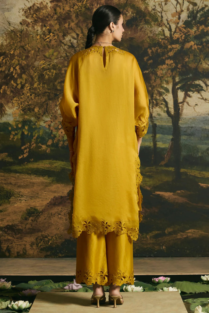 Amber Yellow Blossom Kimono Kurta With Pants