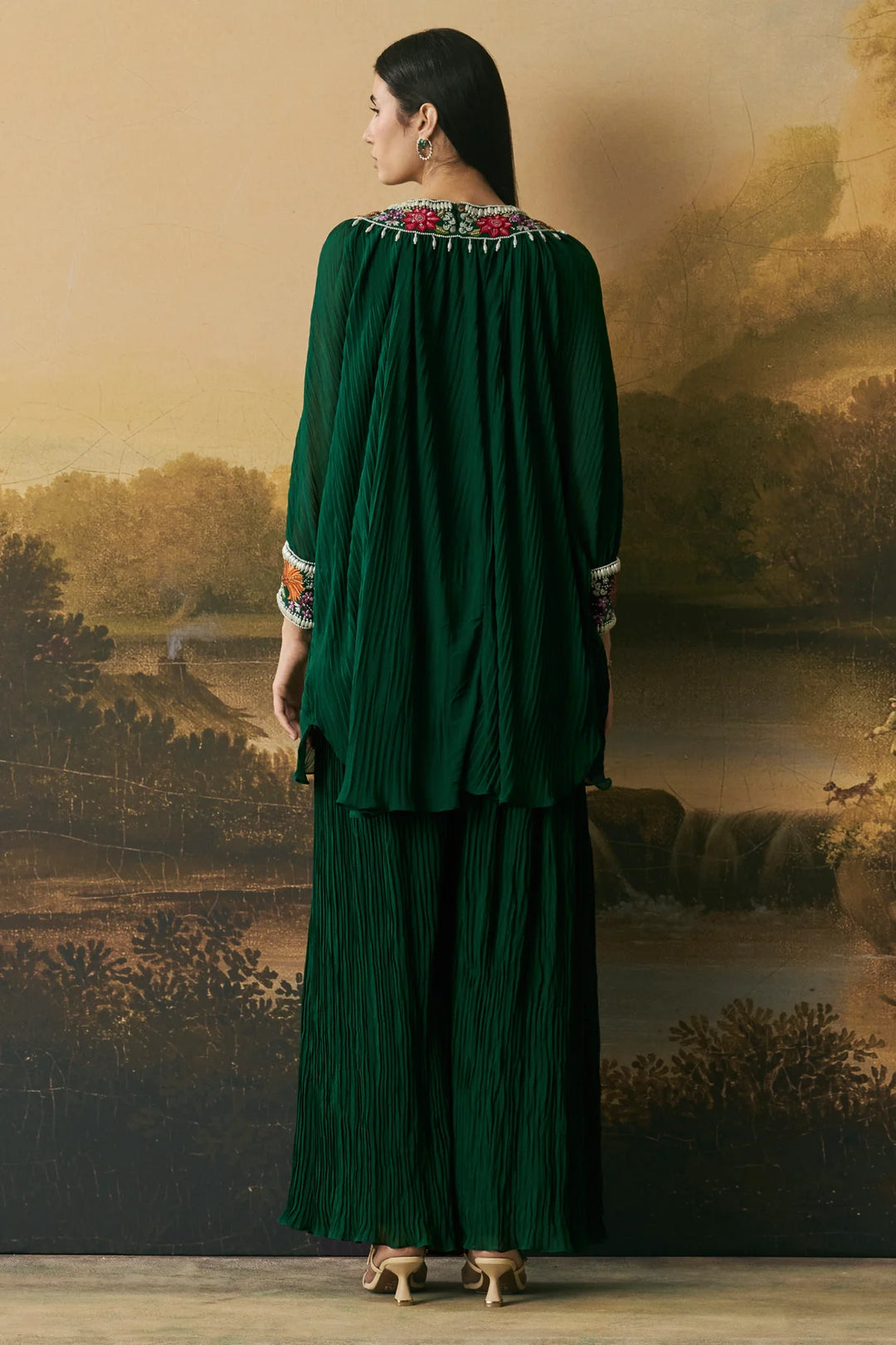 Emerald Green Floral Textured Kimono Tunic With Pants