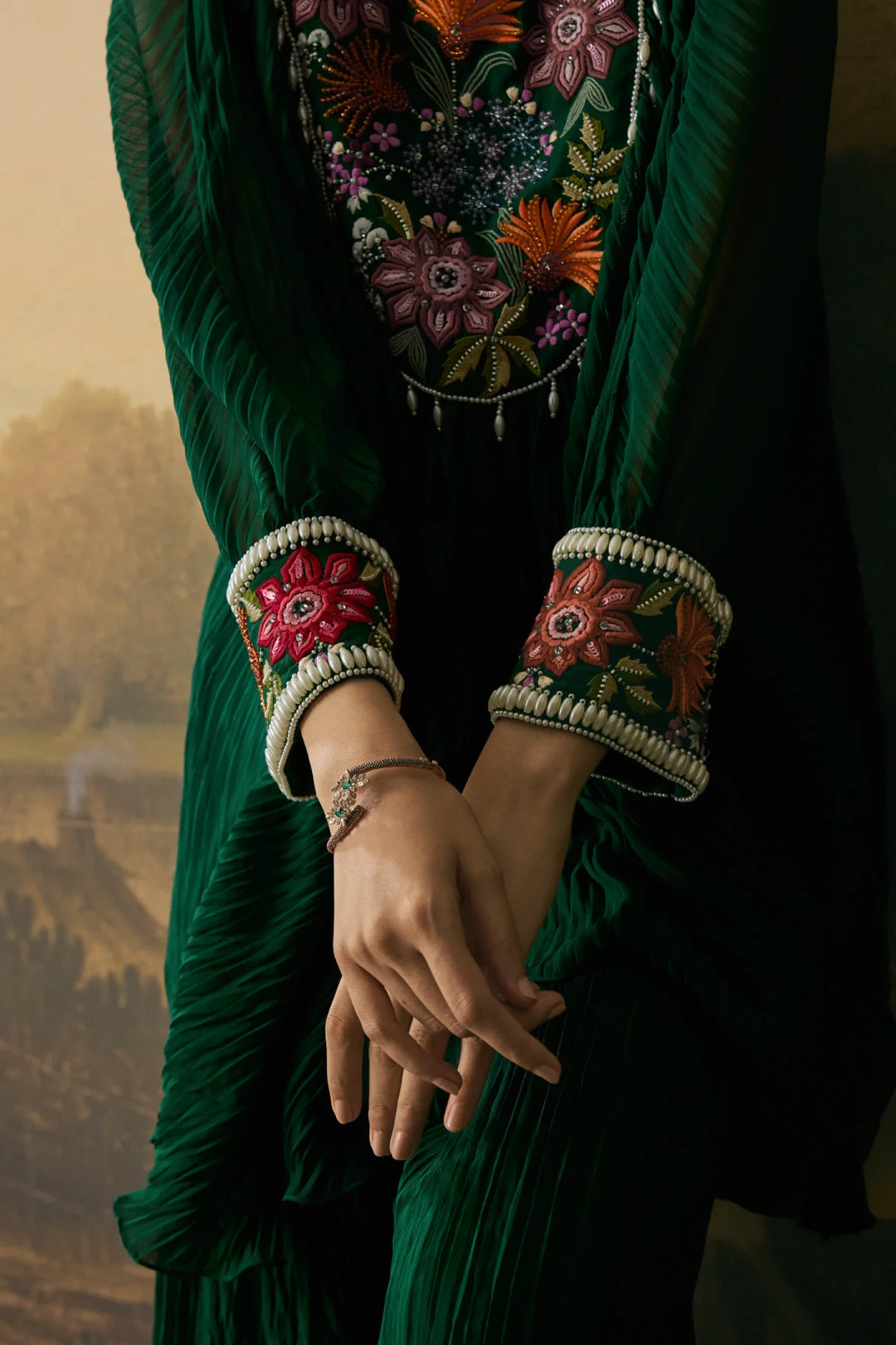 Emerald Green Floral Textured Kimono Tunic With Pants