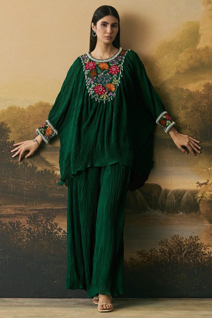 Emerald Green Floral Textured Kimono Tunic With Pants
