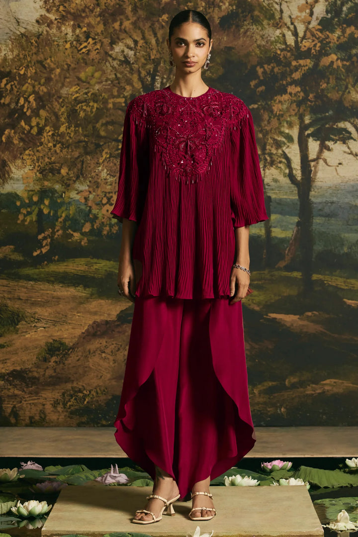 Cherry Red Cutwork Textured Tunic With Tulip Pants