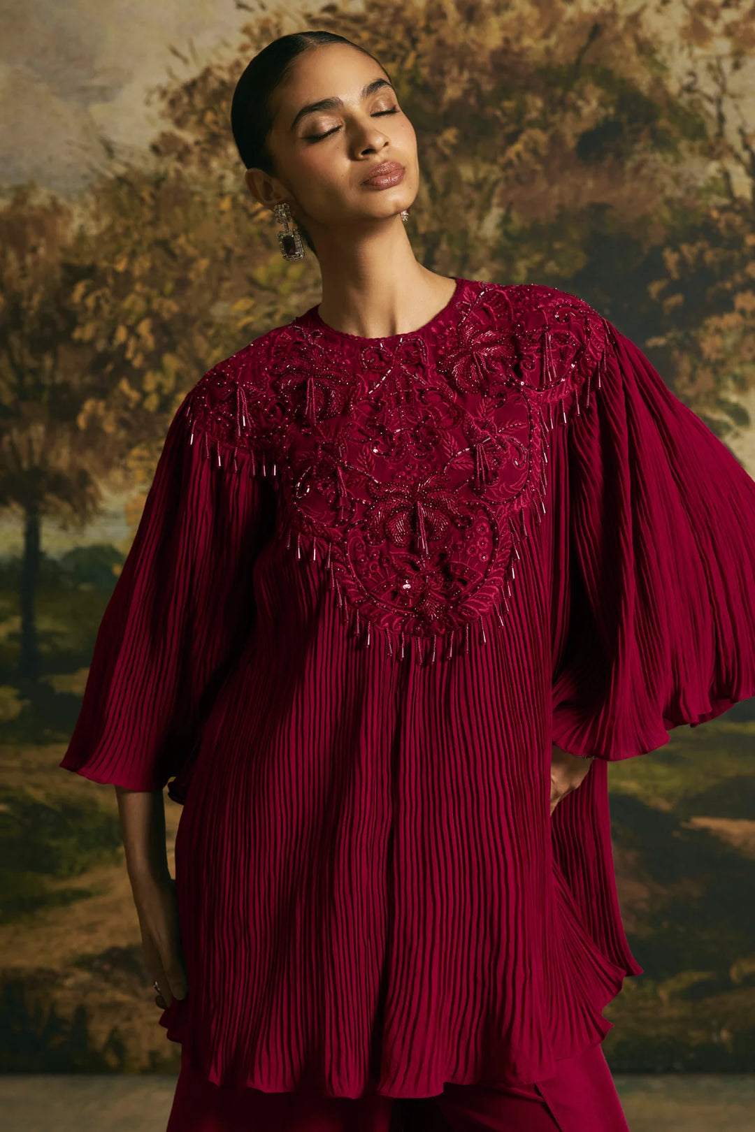 Cherry Red Cutwork Textured Tunic With Tulip Pants