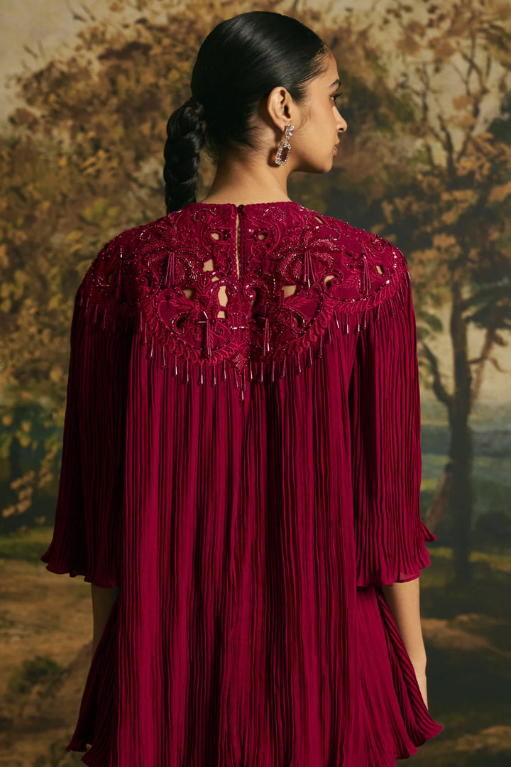 Cherry Red Cutwork Textured Tunic With Tulip Pants